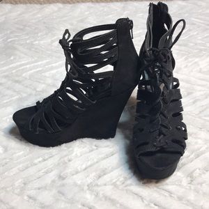 Black lace up peep toe wedges